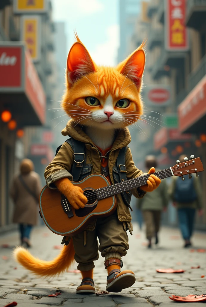 A cute close-up of an orange cat wandering around the city., kitchen, (Kinetics: 1.2), complicated details, ((A cat is walking along the roadside.)) ,Two-legged standing,Torn clothes, Walk on two legs,sad,Guitar Hold,Play Music