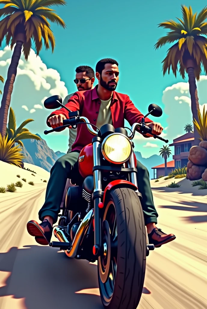 fais-moi une miniature Youtube pour un live de GTA online 5 cayo perico avec deux personnes sur une moto