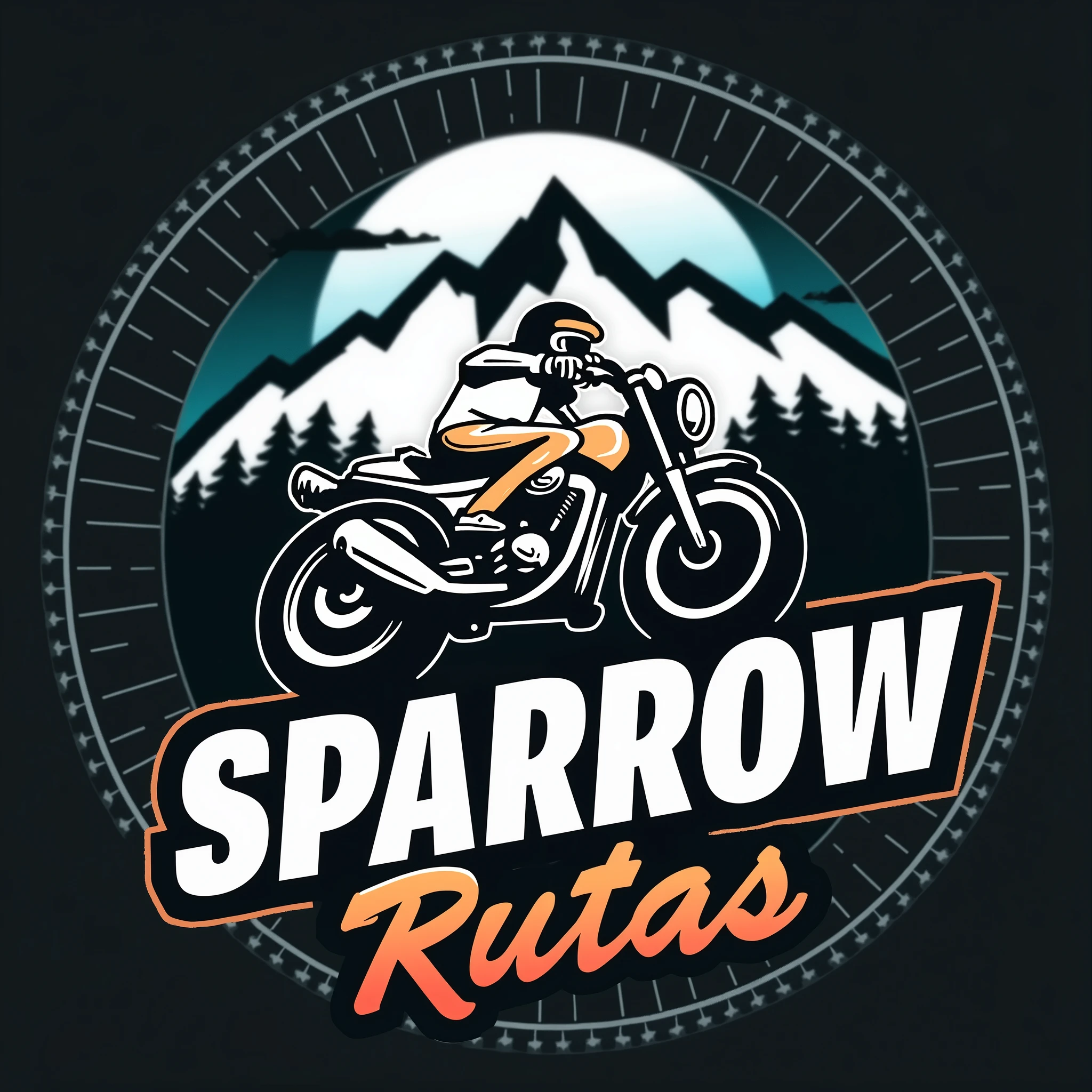 a circular logo , with white border, dark background, With the name "SPARROW RUTAS" in motorutes style , mountain and roblox, logo con borde blanco
