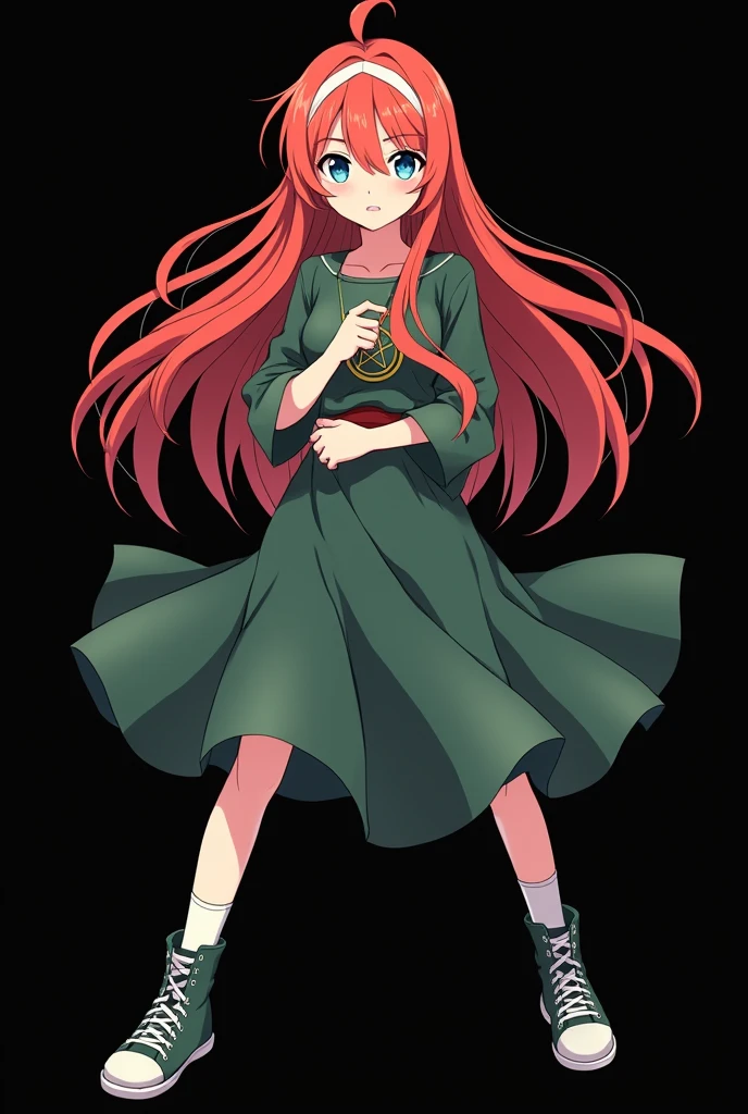 A full body image of an  child, personagem do anime "JUJUTSU KAİSEN", she is very beautiful, with long, straight, fire-colored hair with two white streaks highlighted in the front, framing your face. She has blue-green eyes and pale skin.. she is a Wiccan, she is in fighting pose. she wears a pentagram necklace, skirts,  beautiful women&#39;s high-top shoes and ¾-long socks. I&#39;m sorry, criador de JUJUTSU KAİSEN. black backdrop.