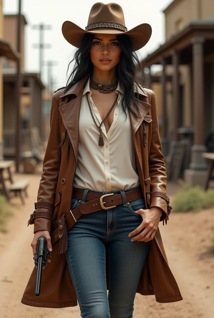 Beautiful, Mexican, young woman, wearing long sleeved white blouse, wearing brown leather trench coat, wearing tight blue jeans, wearing brown leather cowboy boots, wearing brown leather cowboy hat, lit cigar in mouth, old revolver in hand, standing in an old west town