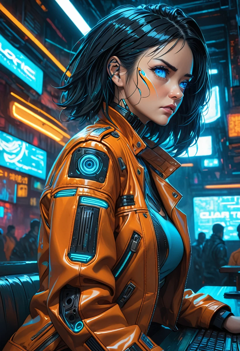 illustration, detailed illustration, ultra detailed, dynamic angle, cyberpunk, 40 year old woman, medium black hair, hair with cyan streaks, mismatched eyes, cybernetic eye, blue eye, lean, medium breasts, black leather top, orange leather jacket, tired expression, cowboy shot, dark bar interior, dark environment