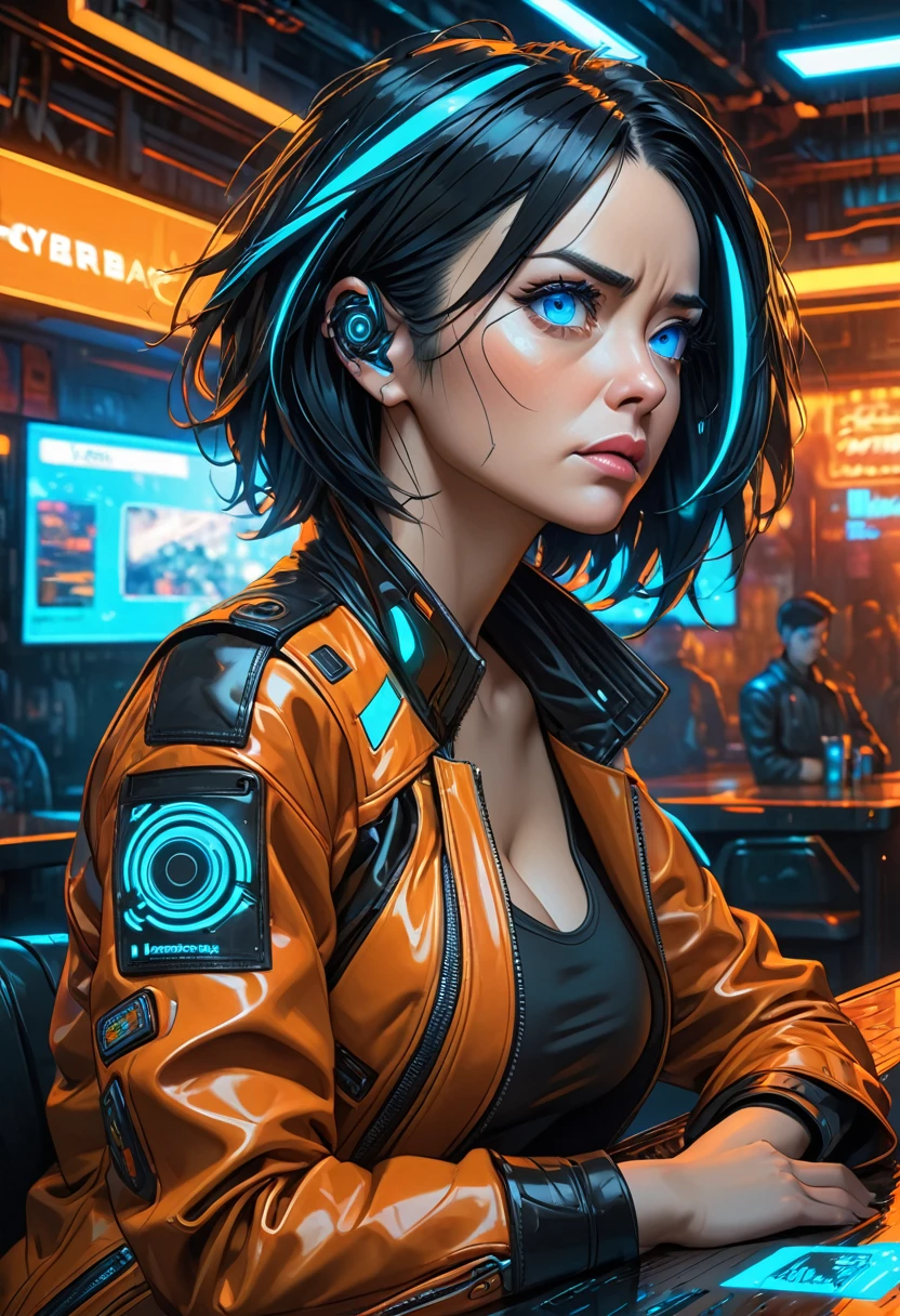 illustration, detailed illustration, ultra detailed, dynamic angle, cyberpunk, 40 year old woman, medium black hair, hair with cyan streaks, mismatched eyes, cybernetic eye, blue eye, lean, medium breasts, black leather top, orange leather jacket, tired expression, cowboy shot, dark bar interior, dark environment