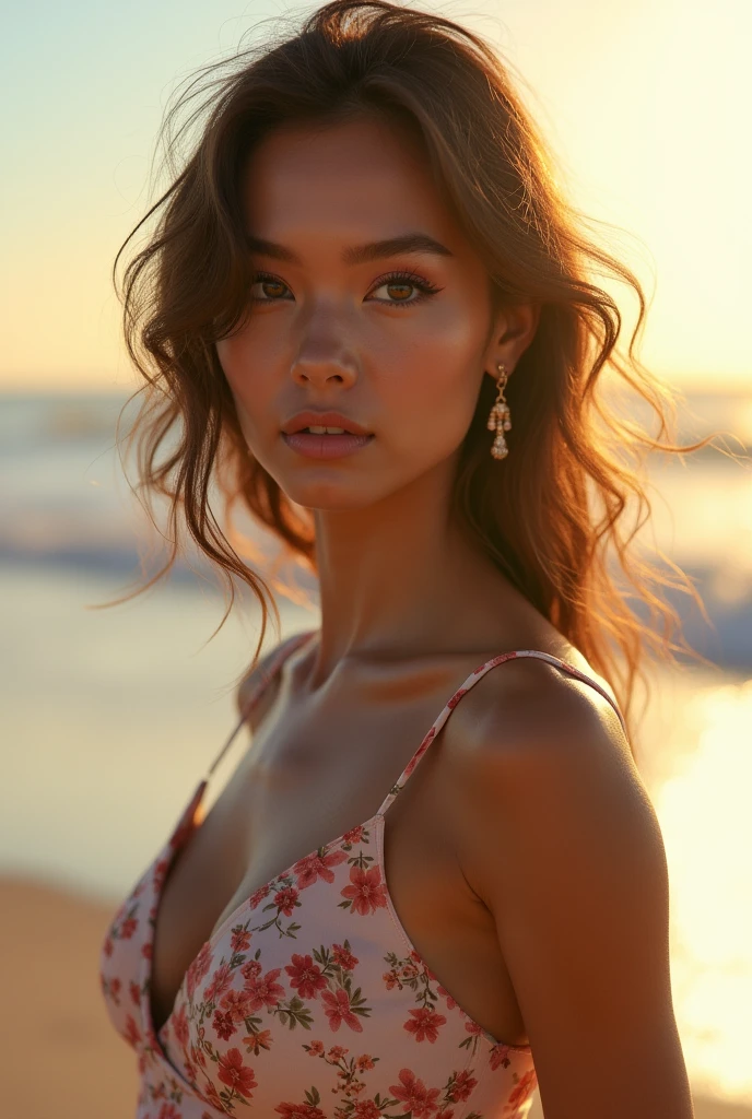 mdnn, (sharp focus:1.2), portrait, attractive young woman, (beautiful face:1.1), detailed eyes, luscious lips, (eye makeup:1.2), (tight body:1.2), wearing (flowery dress:1.2) at (the beach:1.2). (morning sun lighting:1.2), depth of field, bokeh, 4K, HDR. by (James C. Christensen:1.2|Jeremy Lipking:1.1).