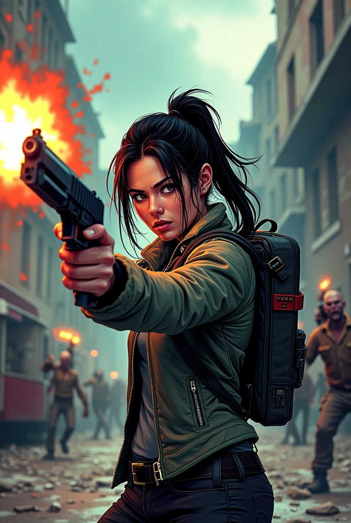 Woman in jacket pointing a gun forward wearing a mavhila on her back zombie apocalypse comic book