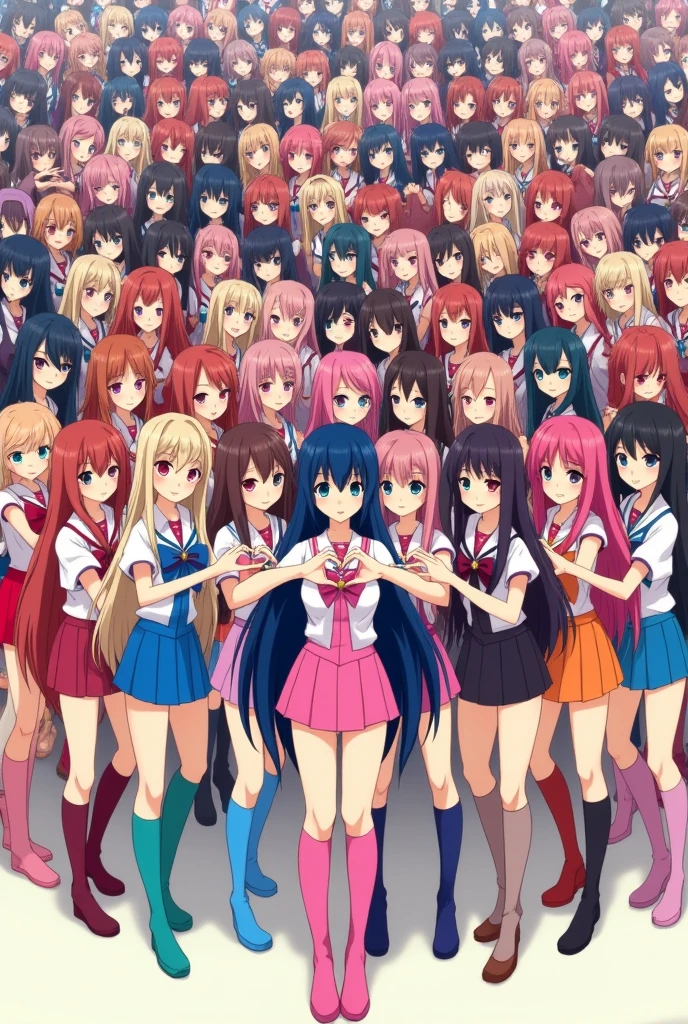 7,000 anime girls with very long hair wearing colorful very short skirts, colorful very long socks, and colorful big heart-shaped hirajuku pose for a group photo, smiling slightly and facing forward, pressed very close together.