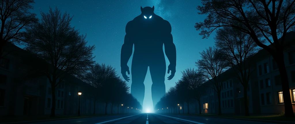 I'm on the street at night looking at the horizon, beyond the horizon there is a monster bigger than the clouds, it appears from the horizon and looks like just a faint silhouette, I can see his eyes shine like stars on the horizon, 32K, super realistico, life like, Real vision, every detail of the image is impressive, he is beyond the atmosphere, it appears from the chest up, starry sky of a peaceful night, tree-lined street
