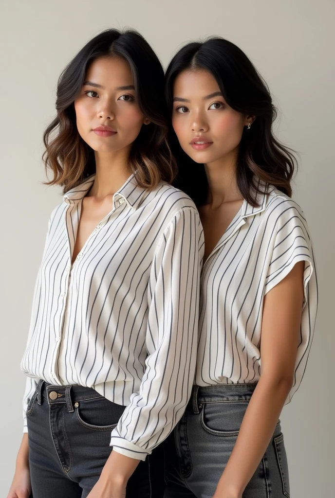 A 2 woman wearing a white striped blouse and jeans, Black woman with medium length black hair with brown tips.