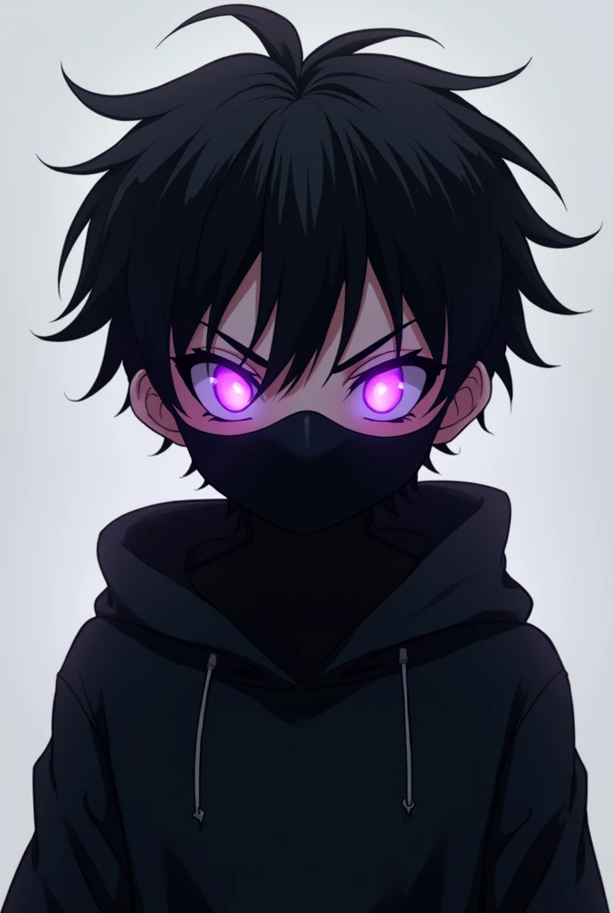 1 boy with purple glowing eyes and slightly spiky hair with an evil and intimidating look with a black sweatshirt and a black mask covering his nose and mouth , very intimidating , 2D Anime .