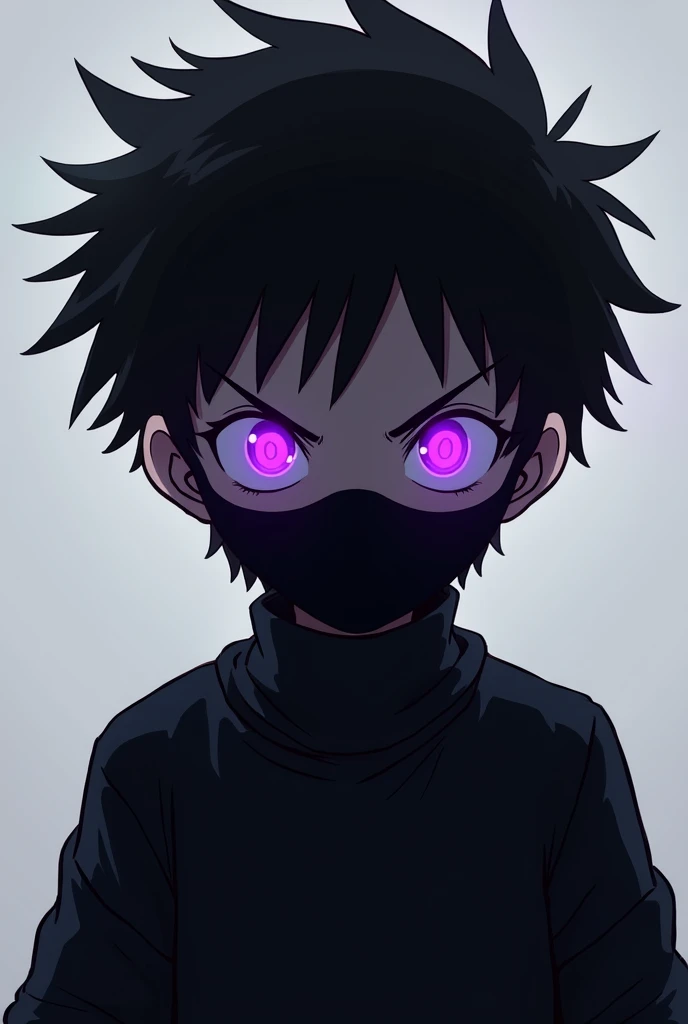 1 boy with purple glowing eyes and slightly spiky hair with an evil and intimidating look with a black sweatshirt and a black mask covering his nose and mouth , very intimidating , 2D Anime .