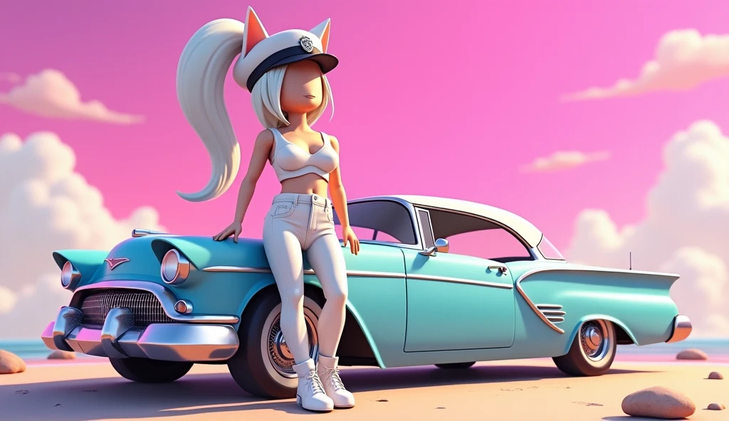 [Coco bandicoot], [Uploaded to e621.net; (Pixelsketcher), (wamudraws)], ((masterpiece)), ((solo portrait)), ((far shot)), ((furry; anthro)), ((vaporwave artstyle)), ((neon color pallet)), ((beautiful 3D art)), ((bird's-eye view)), ((shoes visible)), {anthro; (orange fur, black nose), smug smirk, blonde curly hair, curly ponytail, {(shoulder-less neon pink top), (midriff), (cleavage), (small boobs), (tight short neon blue leather bodycon skirt), silver platform boots), (sunglasses over eyes), (beautiful defined legs)}, {(standing)}, [background; desert; (pink highway), (yellow motorcycle)]