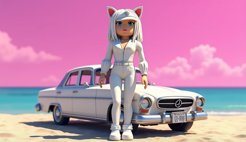 tall square roblox doll with body with slim waist and big hip, with white hair white blouse white jeans white shoes and no lips, white police hat, cat ears, Caucasian skin, no mouth leaning on a classic car, cartoon, Vice City GTA, pink sky beach background