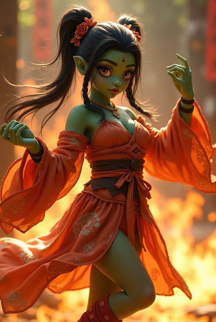 (ultra realistic,32k,RAW photo:1.1),(high detailed skin:1.1), 8k uhd, dslr, high quality, film grain, (makeup, mascara:1.1), pouty lips,(thick\lips\),
(translucent clothing:.7), shian,silk clothes, ankle wraps, hand wraps, fantasy kimono with long sleeves and a short skirt, sandals,braid,bow, twintails,long hair,black hair, medium breasts, Dark green skin, orc girl, gold eyes (upper body:1.1),(looking at viewer, dancing:1.1),,
(busty:1.1) , (chubby:0.1),(ambient lighting:1.2), bright theme, fun, fire dance, monk, fantasy