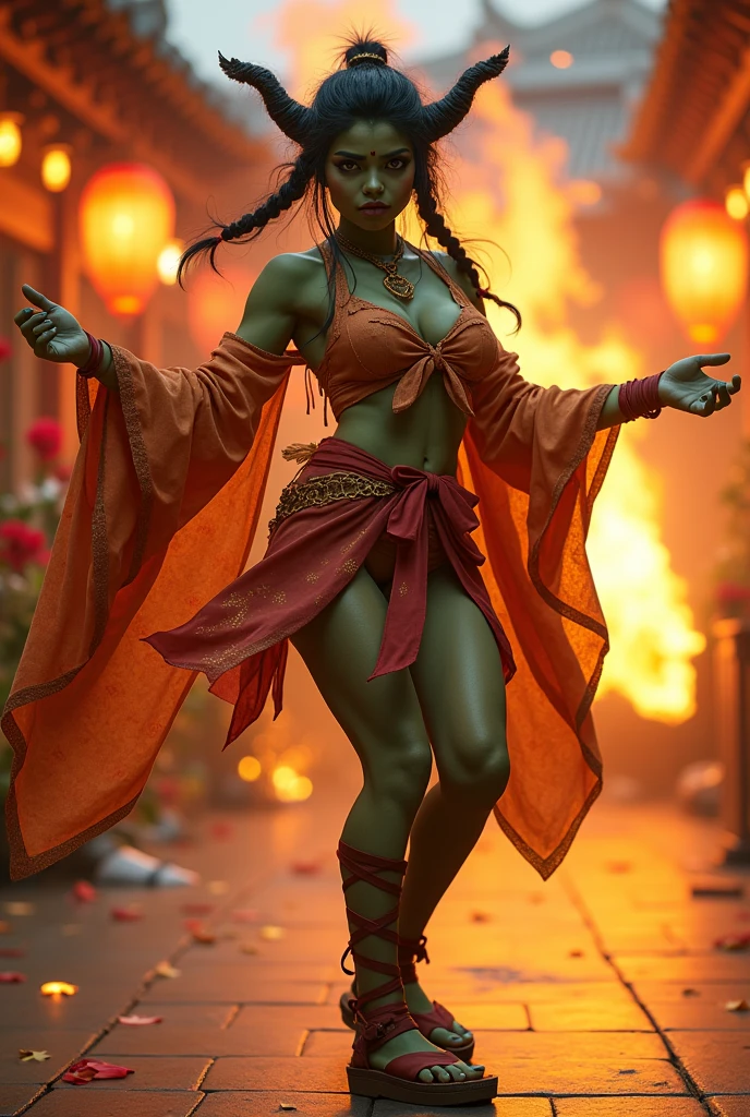 (ultra realistic,32k,RAW photo:1.1),(high detailed skin:1.1), 8k uhd, dslr, high quality, film grain, (makeup, mascara:1.1), pouty lips,(thick\lips\),
(translucent clothing:.7), shian,silk clothes, ankle wraps, hand wraps, fantasy kimono with long sleeves and a short skirt, sandals,braid,bow, twintails,long hair,black hair, medium breasts, Dark green skin, orc girl, gold eyes (upper body:1.1),(looking at viewer, dancing:1.1),,
(busty:1.1) , (chubby:0.1),(ambient lighting:1.2), bright theme, fun, fire dance, monk, fantasy