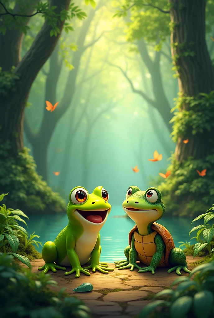 Encounter in the Forest: Draw Timothy the frog and Clara the turtle in the forest, with the toad looking enthusiastic and the turtle displaying a calm smile.
