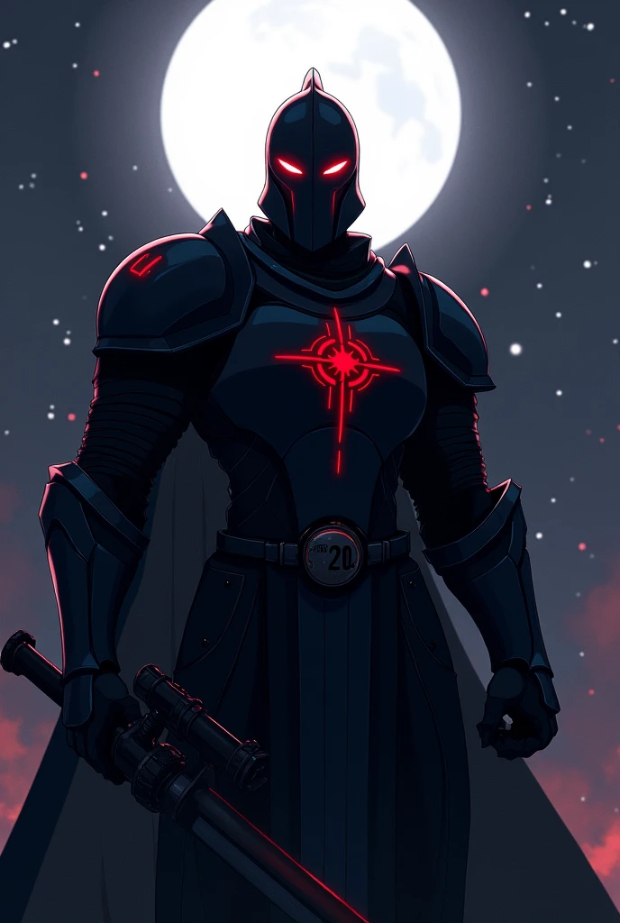 A Knight in a black armour and red glowing eyes and holding gun and looking front in background night sky moon in anime version on armour write ARMOUR with logo
