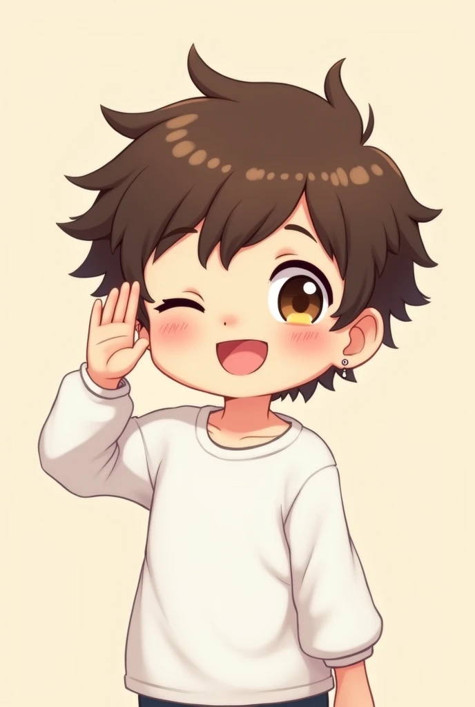 Draw a cute chibi-style picture of a boy with brown hair and brown eyes, wearing a long-sleeve white shirt, and earrings in both ears. performing a military salute and winking with one eye, and the overall look should be adorable and cheerful.