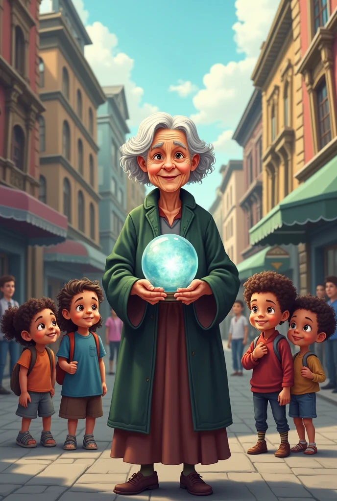 (Flat 2d vector) old woman holding a small crystal ball in the street surrounded by children