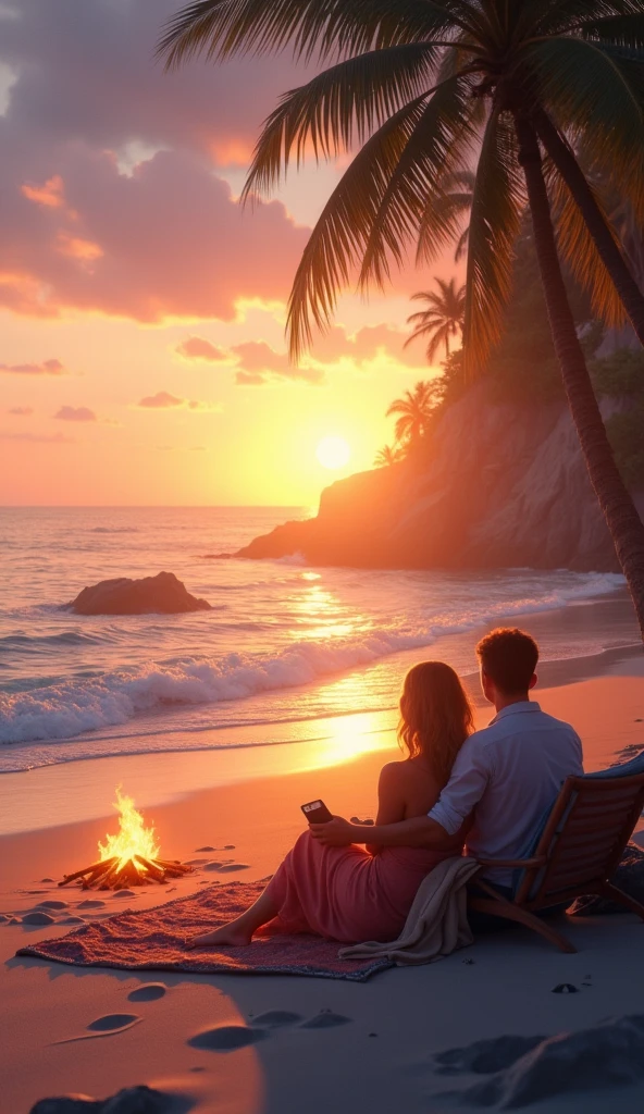 A peaceful beach at sunset, with gentle waves lapping at the shore, a small bonfire in the distance, and two chairs or a blanket.