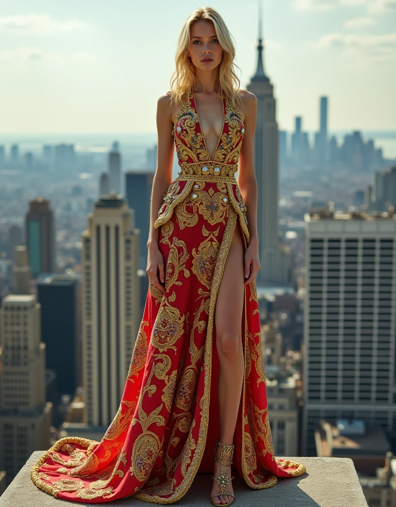 fashion photoshoot, kira is a blonde model, In the photo Kira is full body, on top of a building wearing a Moschino haute couture look
