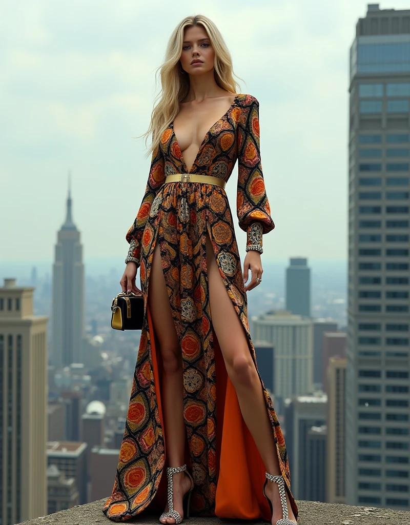 fashion photoshoot, kira is a blonde model, In the photo Kira is full body, on top of a building wearing a Moschino haute couture look 