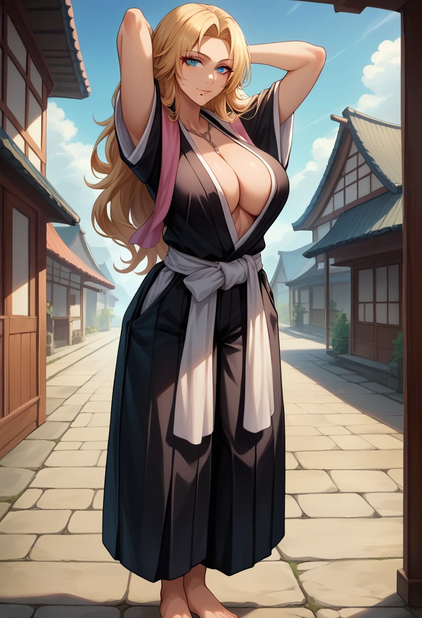 score_9, score_8_up, score_7_up, 1girl, solo, defran, long hair, long hair, blue eyes, mole under mouth, necklace, black robes, cleavage, pink scarf, white sash, barefoot, black hakama pants, sexy smile, arms up, hands behind head, winke, standing, looking at you, tradicional japanese village,