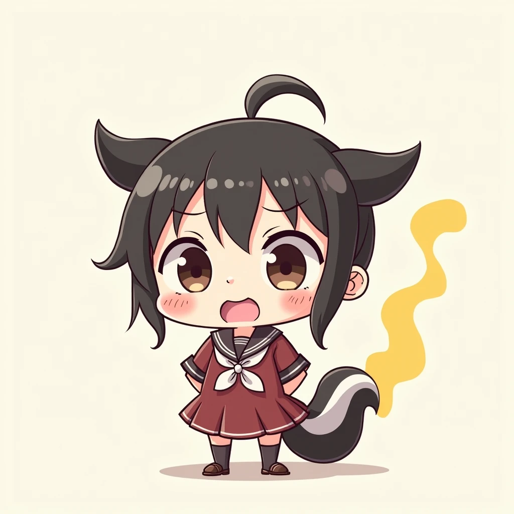 One of the humans、Girlish、pants、Primary school students、anime、animeチック、Skunk ears and tail、child、Fart、solo、Yellow smoke from the buttocks、Embarrassing