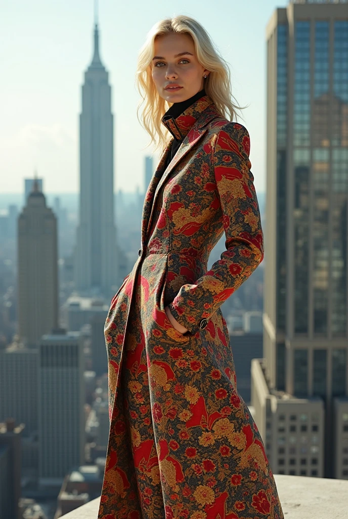 fashion photoshoot, kira is a blonde model, In the photo Kira is full body, on top of a building wearing a Moschino haute couture look