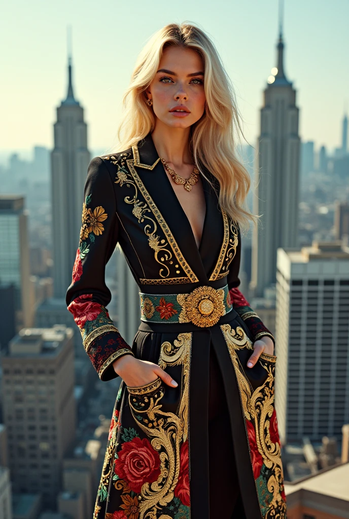 fashion photoshoot, kira is a blonde model, In the photo Kira is full body, on top of a building wearing a Moschino haute couture look