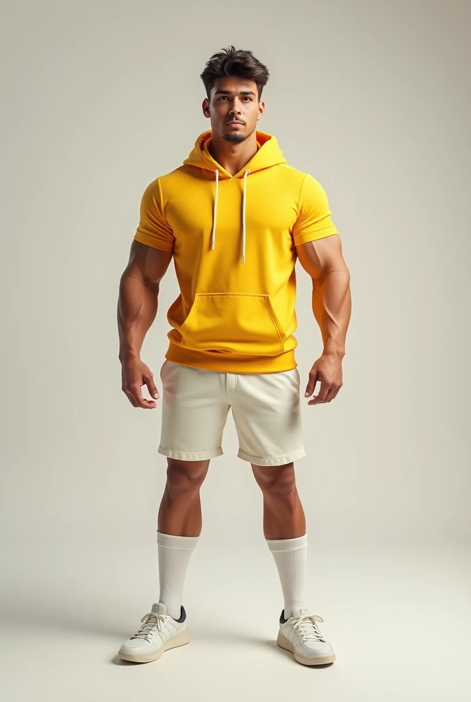 A 20 year old muscular body boy wearing a yellow short sleeve hoodie with white shorts with over the calf white socks 