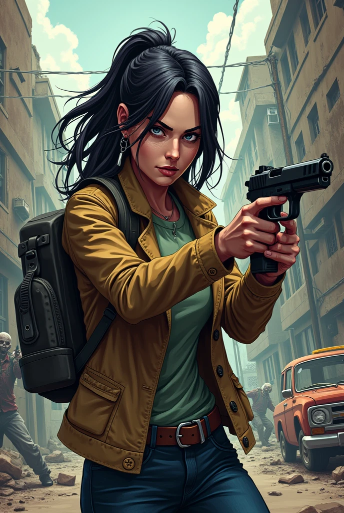 Woman in jacket pointing a gun forward wearing a mavhila on her back zombie apocalypse comic book