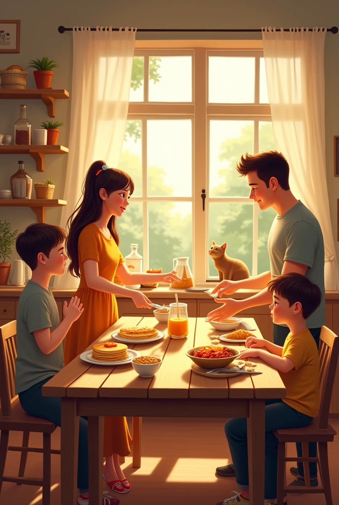 A sturdy wooden table in the center of a kitchen lit by sunlight streaming through large windows. Mom serves fresh pancakes while dad cuts fruit. two children, um and one , are smiling, ready to eat. There is a jug of orange juice, cereal bowls, and a basket of bread. A cat watches from afar, sitting on the window sill.