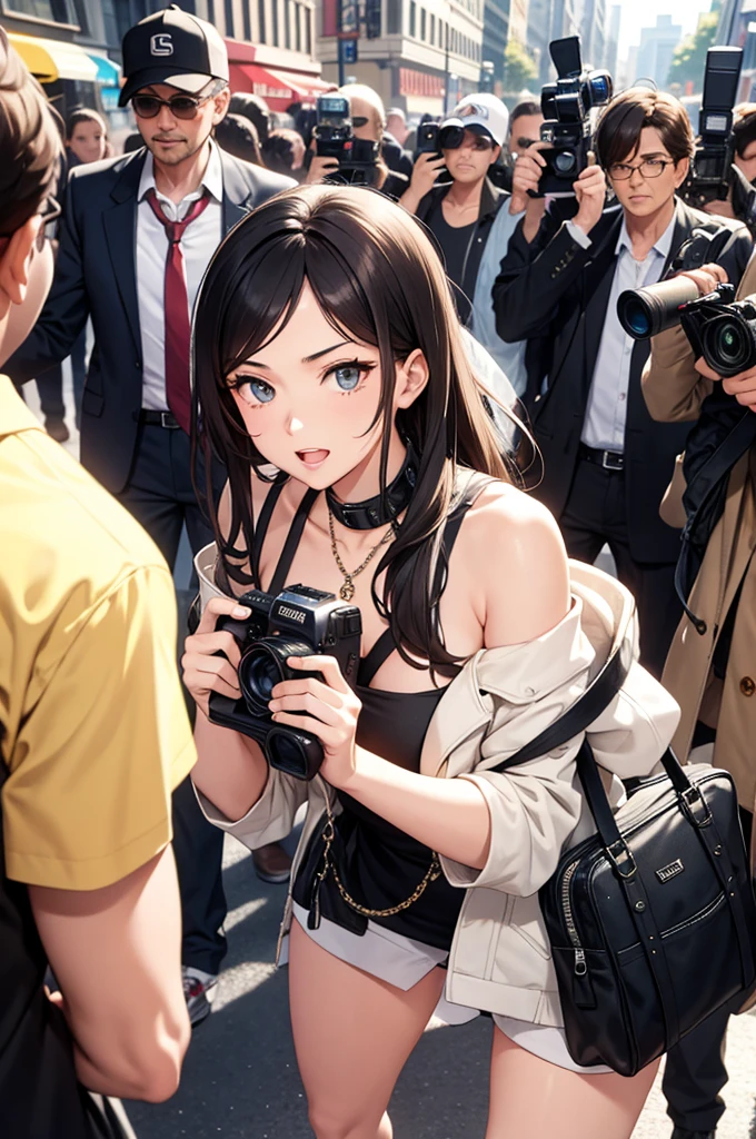 ((Highest quality)), ((masterpiece)), (detailed), One person,Age 25,Office Lady,mini skirt,(Open the buttons on your shirt),Big Breasts,blush,Underbust,(Her cleavage is visible),(Excited expression),(Captivating look),Several men with cameras,(Put a camera up her skirt),(Surrounding the model girl),(Excited Men).Browsing Caution,sexy,(Put your hands together)Sweat,(Black garter belt),(Move your tongue up and down),