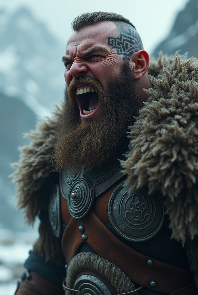 a mega realistic viking screaming with his teeth showing, with a Nordic tattoo around his eye