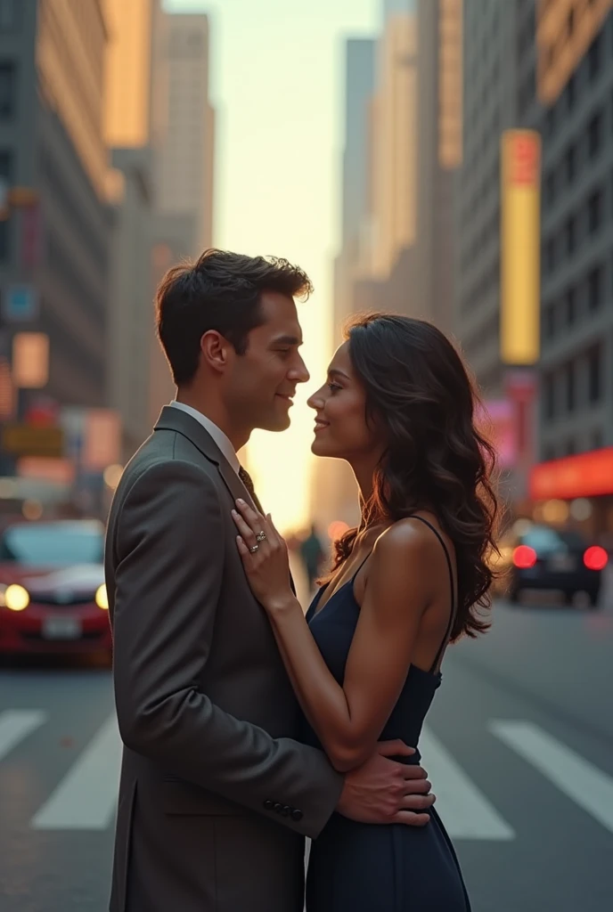 A man and woman (Resembling Gal Gadot) standing on a sidewalk facing the road, holding hands and looking at each other's eyes as they wait to cross the road. The busy city around them fades into the background, with their connection being the focal point of the scene, capturing a fleeting yet powerful moment. Realistic Image