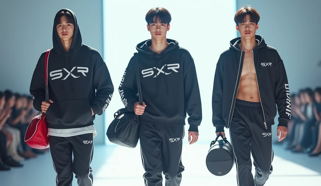 (photorealism:1.2), three sportwear fashion handsome 18 yrs. old, k pop Asian male model, runway show full body holding sports bag pack, tank top casual wear style, SXR logo design, ultra-detailed, film photography, light leaks, trending on sportwear, sharp focus, studio photo, futuristic details, highly detailed