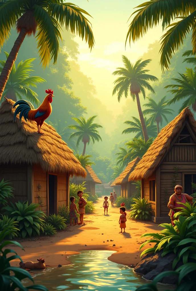 It's dawning, The sun rises and a rooster crows in an Amazonian village, Pixar style drawing