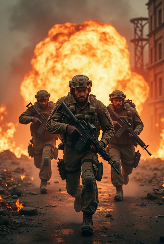 Photorealism 1.4 realistic realism high detailed definition create for me movie poster 6 commando on the centre background explosion shooting action smoke effect