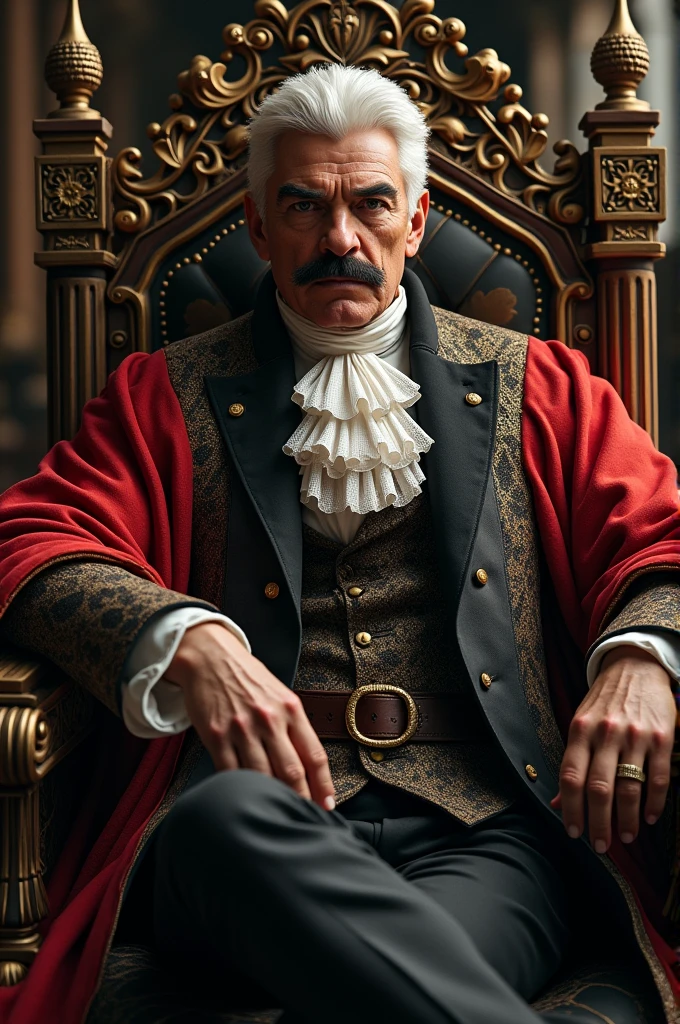 Handsome man, tall and middle age his hair is vivid white. Thick eyebrows and pointed moustache black, black eyes and in a fancy medieval suit. Sitting down on a medieval chair.