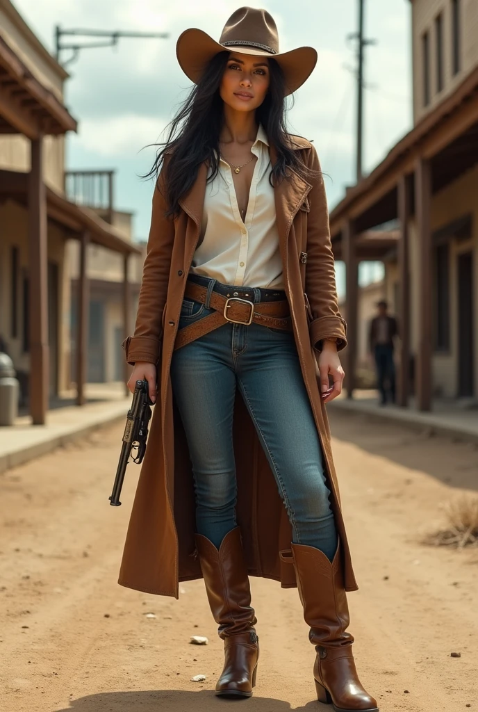Beautiful, Mexican, young woman, wearing long sleeved white blouse, wearing brown leather trench coat, wearing tight blue jeans, wearing brown leather cowboy boots, wearing brown leather cowboy hat, lit cigar in mouth, old revolver in hand, standing in an old west town