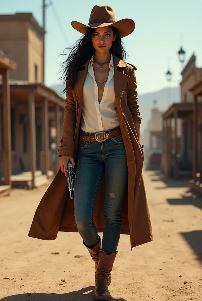 Beautiful, Mexican, young woman, wearing long sleeved white blouse, wearing brown leather trench coat, wearing tight blue jeans, wearing brown leather cowboy boots, wearing brown leather cowboy hat, lit cigar in teeth, old revolver in hand, standing in an old west town