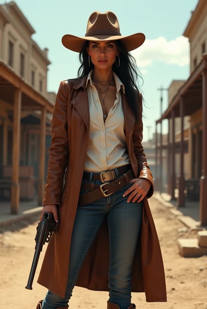 Beautiful, Mexican, young woman, wearing long sleeved white blouse, wearing brown leather trench coat, wearing tight blue jeans, wearing brown leather cowboy boots, wearing brown leather cowboy hat, lit cigar in teeth, old revolver in hand, standing in an old west town