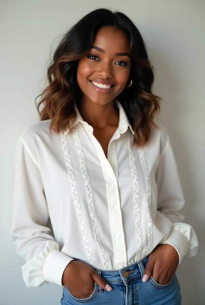 A woman in a white striped blouse and jeans, Black woman with medium length black hair with brown tips.