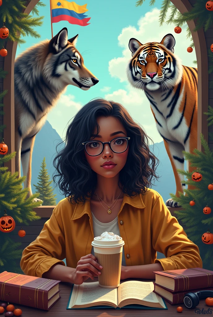 An image of a  girl with dark skin, semi wavy hair and glasses with a cold coffee in her hand one wolf, tiger the flag of Venezuela Christmas and Halloween with books and headphones 