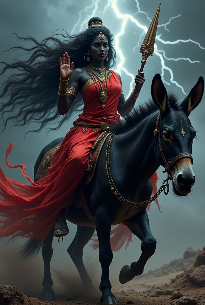 "Create an ultra-realistic image of the fierce and beautiful Goddess Kalaratri, depicted in a striking red saree with a matching blouse.She should be adorned in simple, dark-colored clothing, often depicted as red or black, symbolizing her association with destruction and her role as a fierce protector. The saree should be vibrant and richly detailed, contrasting with her dark black complexion, which symbolizes the night and her fearsome power. Her face should be both fierce and captivating, with large, intense eyes that radiate strength and determination. Despite her fearsome appearance, there should be an underlying sense of divine beauty and grace, she has extremely very very long and very dense hair, Her hair should be wild and untamed, flowing freely around her, symbolizing her raw, untamed energy.

Goddess Kalaratri should be depicted with two hands. Her right hand is in a blessing posture. In her left hand, she holds a majestic thunderbolt (Vajra).

She should be mounted on an extremely large and powerful donkey, symbolizing her unyielding force and ability to vanquish darkness. The donkey should be depicted with a strong, muscular build, exuding both power and determination, perfectly complementing the goddess's fierce presence.

The background should be a dark, stormy landscape, with flashes of lightning illuminating the scene, reflecting her association with destruction and her role as a protector against evil forces. The overall image should capture the essence of Goddess Kalaratri’s ferocity, strength, and protective nature, presented in a highly realistic and detailed manner, with her red saree and deadly weapon emphasizing her divine power."
