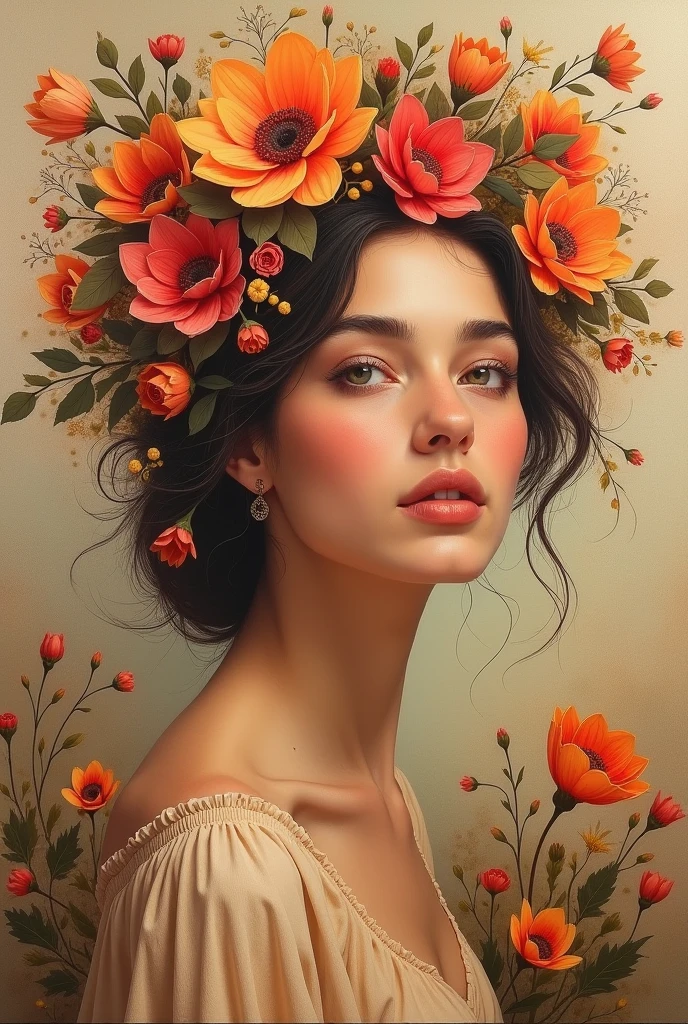 Lady with flowers in her hair is an acrylic painting, Lucy Glendinning's style, Tony Dietlitz, Organic and naturalistic composition, Flower Explosion, Ferris Piqué, Light orange and brown, Calm face