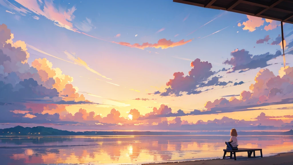 Create a high-quality anime-style scene of a peaceful sunset over a calm beach or field. The sky should be filled with warm golden hues, and a person is sitting or lying down, enjoying the view. Emphasize the tranquility of the scene with soft, warm lighting and detailed reflections.