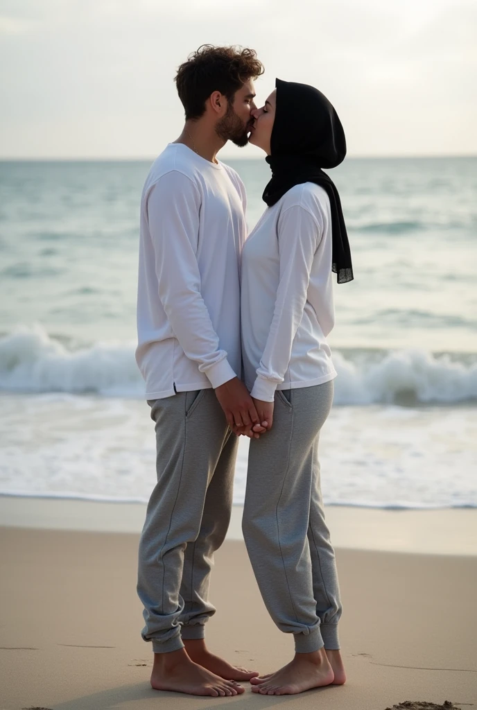 with black headscarf, white long sleeve t shirt, grey sweatpants, barefoot, Slim and beautiful woman kissing her boyfriend on the beach. 