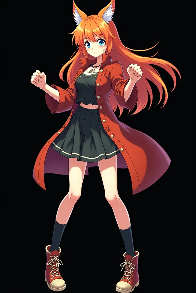 A full body image of an child, personagem do anime "JUJUTSU KAİSEN", she is very beautiful, with long, straight, fire-colored hair with two white streaks highlighted in the front, framing your face. ella tem olhos verde-azulado e a pele pálida. she is a Wiccan, she is in fighting pose. she wears a pentagram necklace, skirts, beautiful women's high-top shoes and ¾-long socks. ella | drawn with animation by Gege Akutami. black backdrop.