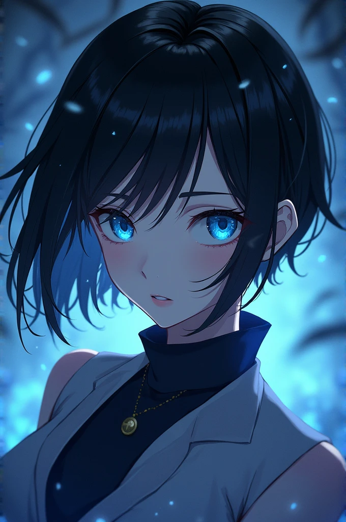 she's with short black hair and striking blue eyes. Her skin is pale and smooth, almost porcelain.anime and she is from jujutsu kaisen